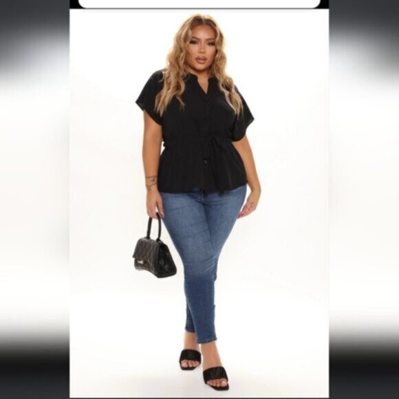 Fashion Nova BLACK Waist No Time Blouse Tie Waist Drawstring Button Peplum - Picture 5 of 5